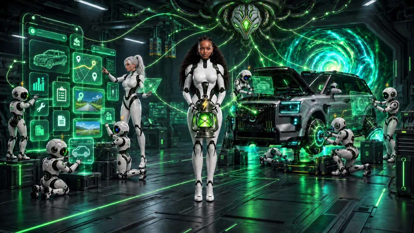 Nulah and the UBOMI team in the futuristic UBOMI Garage